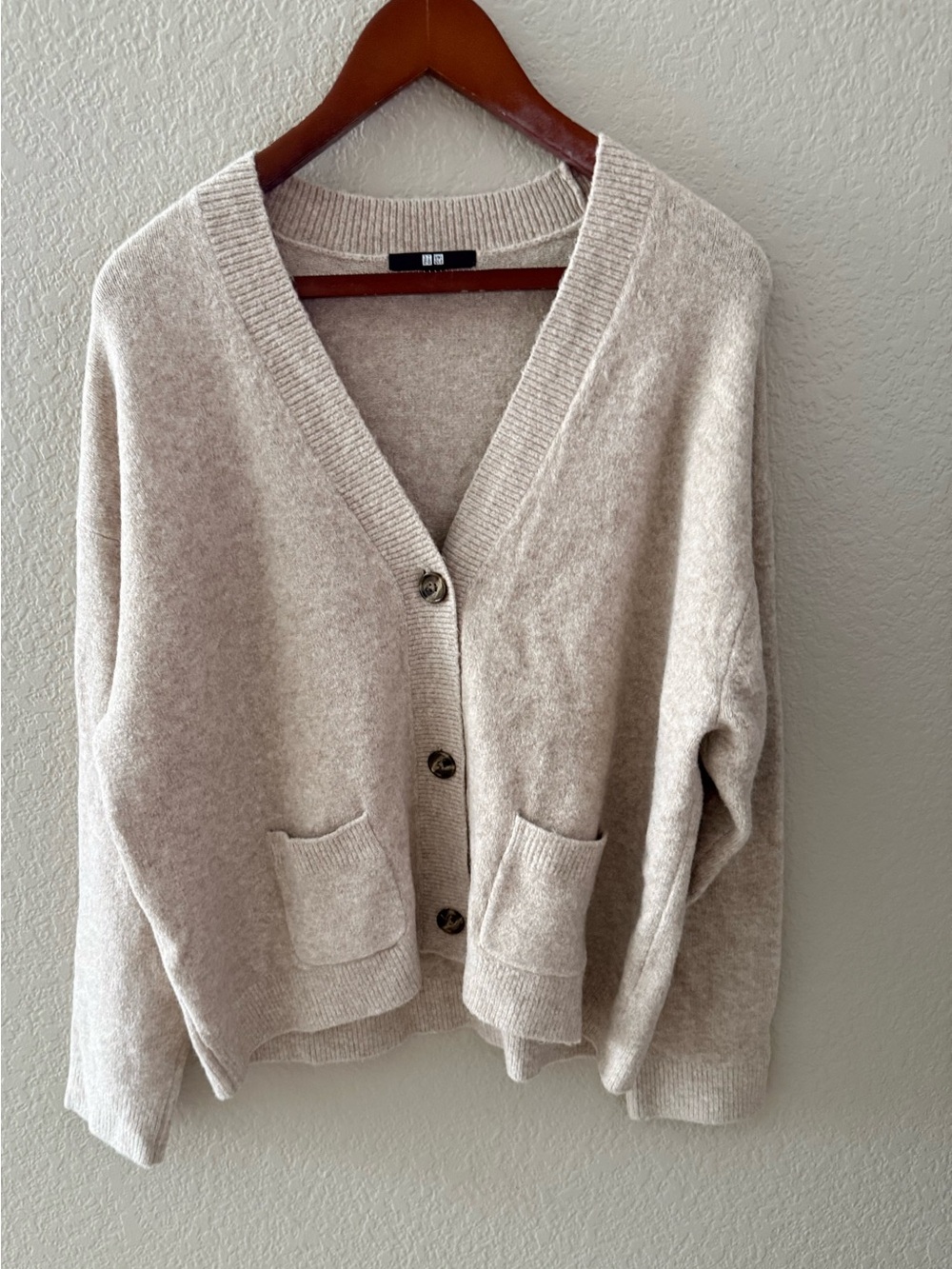 UNIQLO Light Cream V-Neck Button Cardigan with Patch Pockets